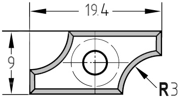 Maßzeichnung der Unitec-Wendeplatte 19,4 x 9,0 x 1,5 mm mit Bemaßung des R 3,0 mm Radius.