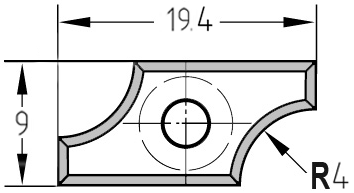 Maßzeichnung der Unitec-Wendeplatte 19,4 x 9,0 x 1,5 mm mit Bemaßung des R 4,0 mm Radius.