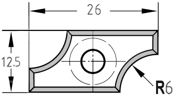 Maßzeichnung der Unitec-Wendeplatte 26,0 x 12,5 x 1,5 mm mit Bemaßung des R 6,0 mm Radius und der Bohrung.