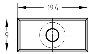 Technische Zeichnung der Unitec-Wendeplatte 19,4 x 9,0 x 1,5 mm mit Bemaßung der Kantenlängen und der Bohrungsposition.