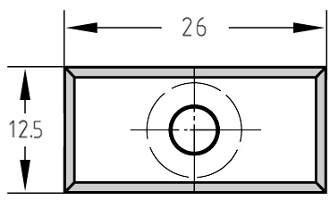 Technische Konstruktionszeichnung der Unitec-Wendeplatte 26,0 x 12,5 x 1,5 mm mit Bemaßung der Kantenlängen und der Bohrung.