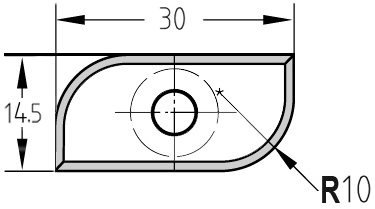 Maßzeichnung der Unitec-Halbhohlkehlplatte 30,0 x 14,5 x 1,5 mm mit Bemaßung des R 10,0 mm Hohlprofils und der zentralen Bohrung.