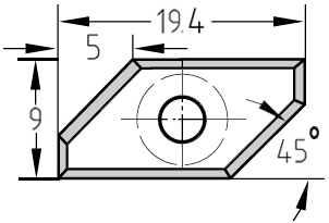 Technische Zeichnung der Unitec-Faseplatte 19,4 x 9,0 x 1,5 mm mit Bemaßung des 45° Winkels und der Bohrungsposition.
