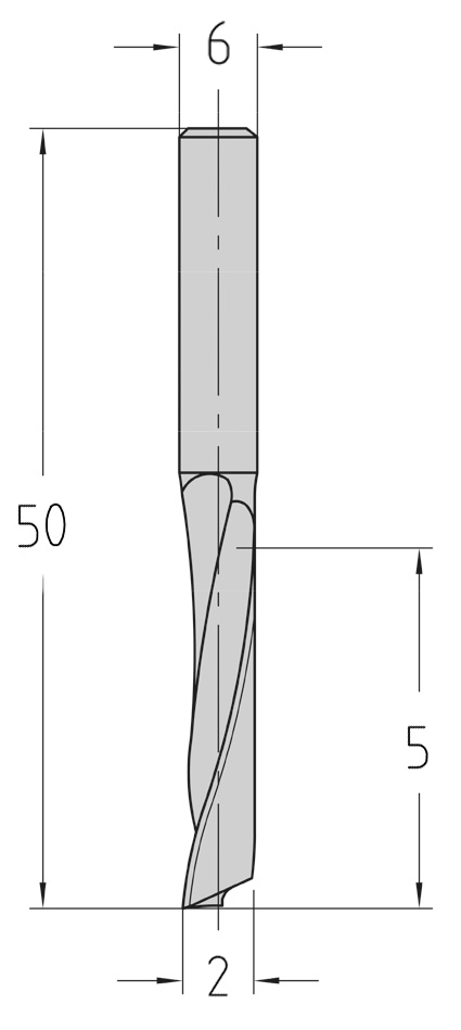 Technische Maßzeichnung des abgesetzten JSO VHW Einschneiders (Schneiden-Ø 2 mm, Nutzlänge 5 mm, Schaft-Ø 6 mm, Gesamtlänge 50 mm) mit präziser Darstellung des großen Spanraums.