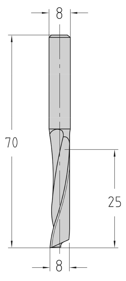 Technische Maßzeichnung des zylindrischen JSO VHW Einschneiders (Durchmesser 8 mm, Nutzlänge 25 mm, Gesamtlänge 70 mm) mit präziser Darstellung des extra großen Spanraums.