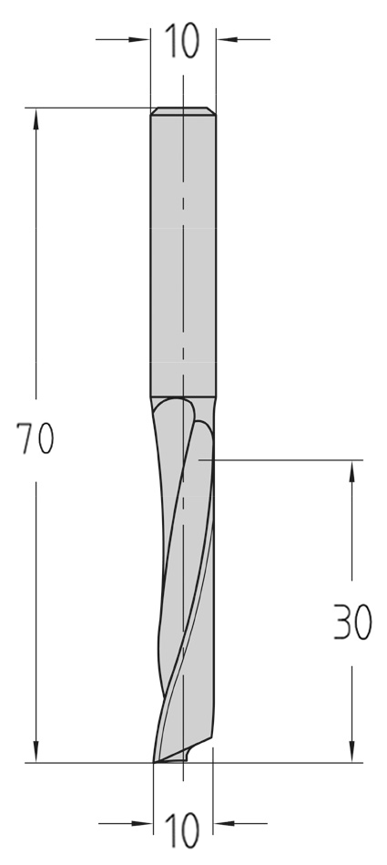 Technische Maßzeichnung des zylindrischen JSO VHW Einschneiders (Durchmesser 10 mm, Nutzlänge 30 mm, Gesamtlänge 70 mm) mit präziser Darstellung des extra großen Spanraums.