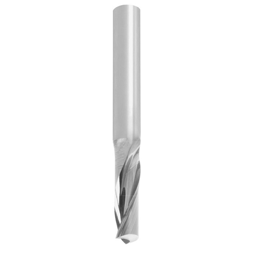 JSO CNC-Einzahnfräser aus massivem Vollhartmetall (VHW) in HW04-Qualität mit abgesetztem, zylindrischem 6 mm Schaft, 4 mm Schneide und einer polierten Rechtsdrall-Spannut (Z=1) für die Kunststoffbearbeitung im Holzfräsershop.