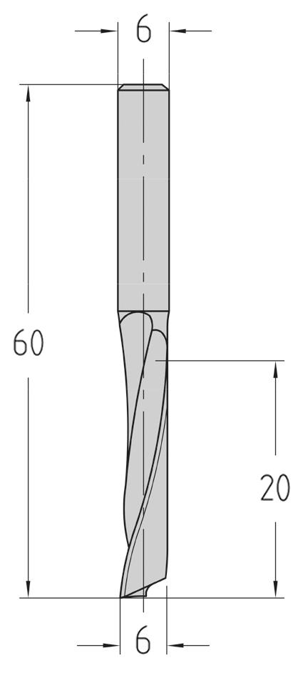 Technische Maßzeichnung des zylindrischen JSO VHW Einschneiders (Durchmesser 6 mm, Nutzlänge 20 mm, Gesamtlänge 60 mm) mit präziser Darstellung des extra großen Spanraums.