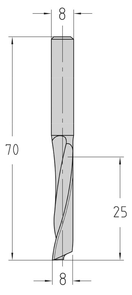 Technische Maßzeichnung des zylindrischen JSO VHW Einschneiders (Durchmesser 8 mm, Nutzlänge 25 mm, Gesamtlänge 70 mm) mit präziser Darstellung des extra großen Spanraums.