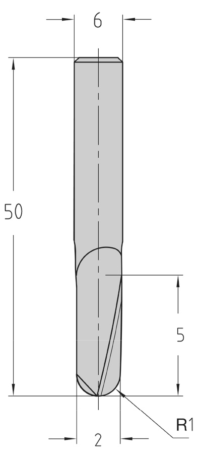 Technische Maßzeichnung des abgesetzten JSO VHW Kugelkopf-Spiralnutfräsers mit Kennzeichnung von Schneiden-Durchmesser 2 mm, Radius 1 mm, Nutzlänge 5 mm, Schaft-Durchmesser 6 mm und Gesamtlänge 50 mm.