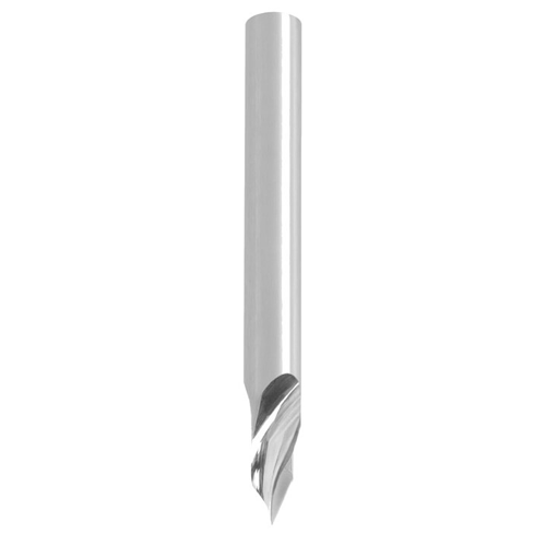 JSO CNC-V-Nutfräser aus massivem Vollhartmetall (VHW) mit zylindrischem 6 mm Schaft, einer hochglanzpolierten Rechtsdrall-Spannut (Z=1) und einer präzise auf 90 Grad angeschliffenen Gravierspitze für Kunststoffe im Holzfräsershop.