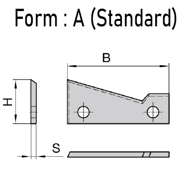 Detaillierte technische Maßzeichnung des JSO Hartmetall-Wechselmessers vom Typ Form A im Standarddesign, mit exakten Bemaßungen für Lochabstand, Keilwinkel und Schnittkanten-Geometrie für den Schwalbenschwanzfräser im Holzfräsershop.