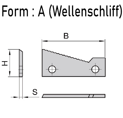 Detaillierte technische Maßzeichnung des JSO Hartmetall-Wechselmessers vom Typ Form A mit Wellenschliff-Profil, inklusive exakter Abmessungen für die Wellengeometrie, Lochabstände und Schnittwinkel für den Schwalbenschwanzfräser im Holzfräsershop.
