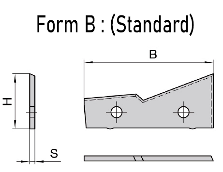 Detaillierte technische Maßzeichnung des JSO Hartmetall-Wechselmessers vom Typ Form B im Standarddesign, mit exakten Bemaßungen für Lochabstand, Keilwinkel und Schnittkanten-Geometrie für den Schwalbenschwanzfräser im Holzfräsershop.