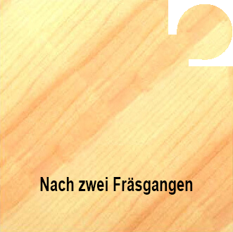 Detailansicht des fertig bearbeiteten Holzwerkstücks nach dem zweiten Fräsdurchgang, das ein vollendetes, perfekt ausgeformtes und tiefes Wulstprofil zeigt.