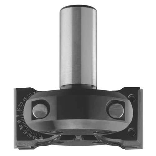 JSO CNC-Wendeplatten-Schwenkmesserkopf mit massivem 25 mm Zylinderschaft, stufenlos justierbaren Schwenkaggregaten, 110 mm Grunddurchmesser und zwei montierten Hartmetall-Wechselplatten im Holzfräsershop.