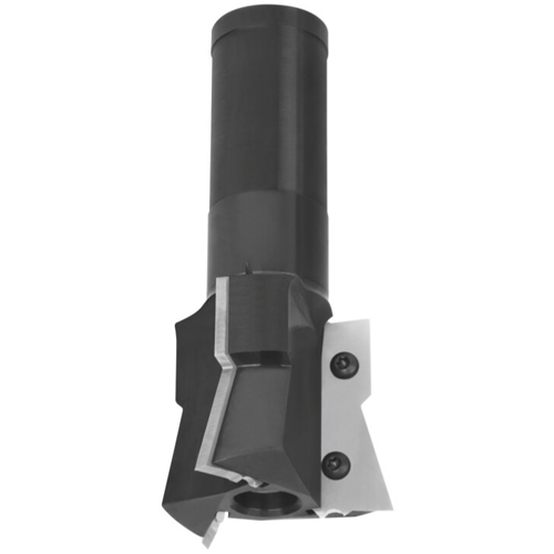 JSO CNC-Wendeplatten-Schwalbenschwanzfräser mit robustem Grundkörper, einem extra starken zylindrischen 30 mm Schaft für Rechtslauf und zwei präzise montierten Hartmetall-Wechselplatten der Form B mit integrierten Spanteilern im Holzfräsershop.