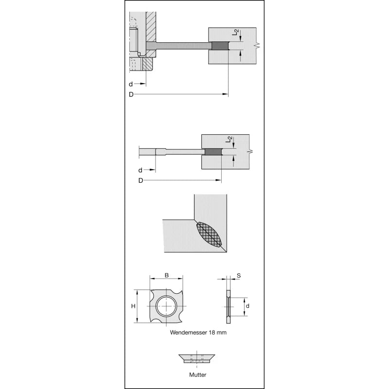 Technische Maßzeichnung des JSO Wendeplatten-Scheibennutfrägers mit exakten Maßangaben für Durchmesser 125 mm, Schnittbreite 10 mm, Keilnut 6 x 1,5 mm, Spindelbohrung 20 mm und der geometrischen Verteilung der 4 Wendeplatten und 2+2 Vorschneider im Holzfräsershop.