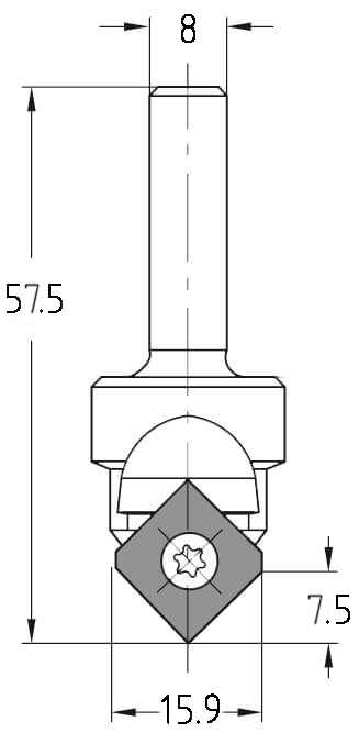 Technische Maßzeichnung: JSO Wendeplatten-Siernutfräser Set mit Schaft 8 mm. Zeigt maximale Durchmesser (D) 15,9 mm, Nutzlänge (NL) 13,5 mm und Beispiele für Profiltiefen (PT) und Radien (R) der 8 verschiedenen Profilmesser.